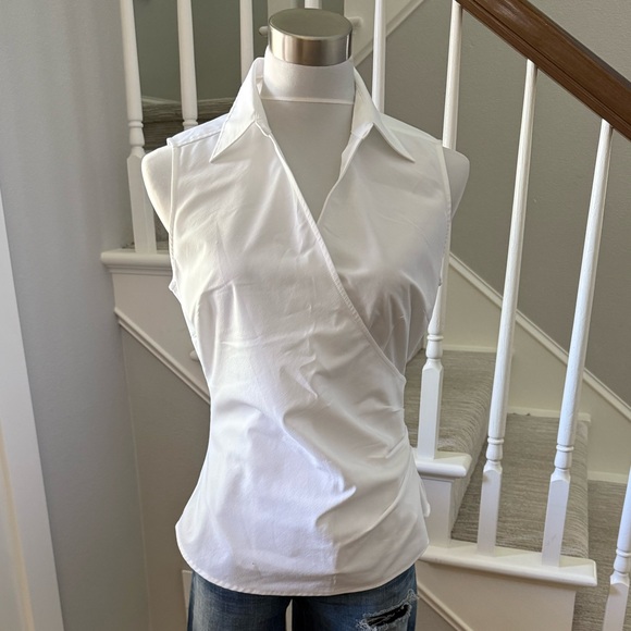 Express Tops - Express sleeveless faux wrap collared blouse